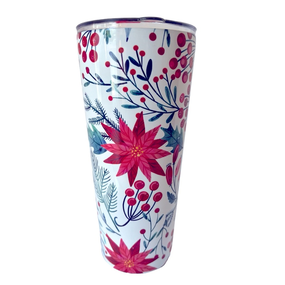 Double-Walled Stainless Steel 22 oz Tumbler White/Green/Red Poinsettia Design.